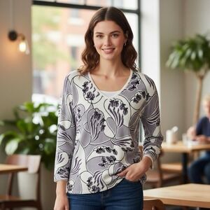 Pierre Pierri New York Sweater  Womens Sz P/L Embellished Stretch Floral‎ Preppy